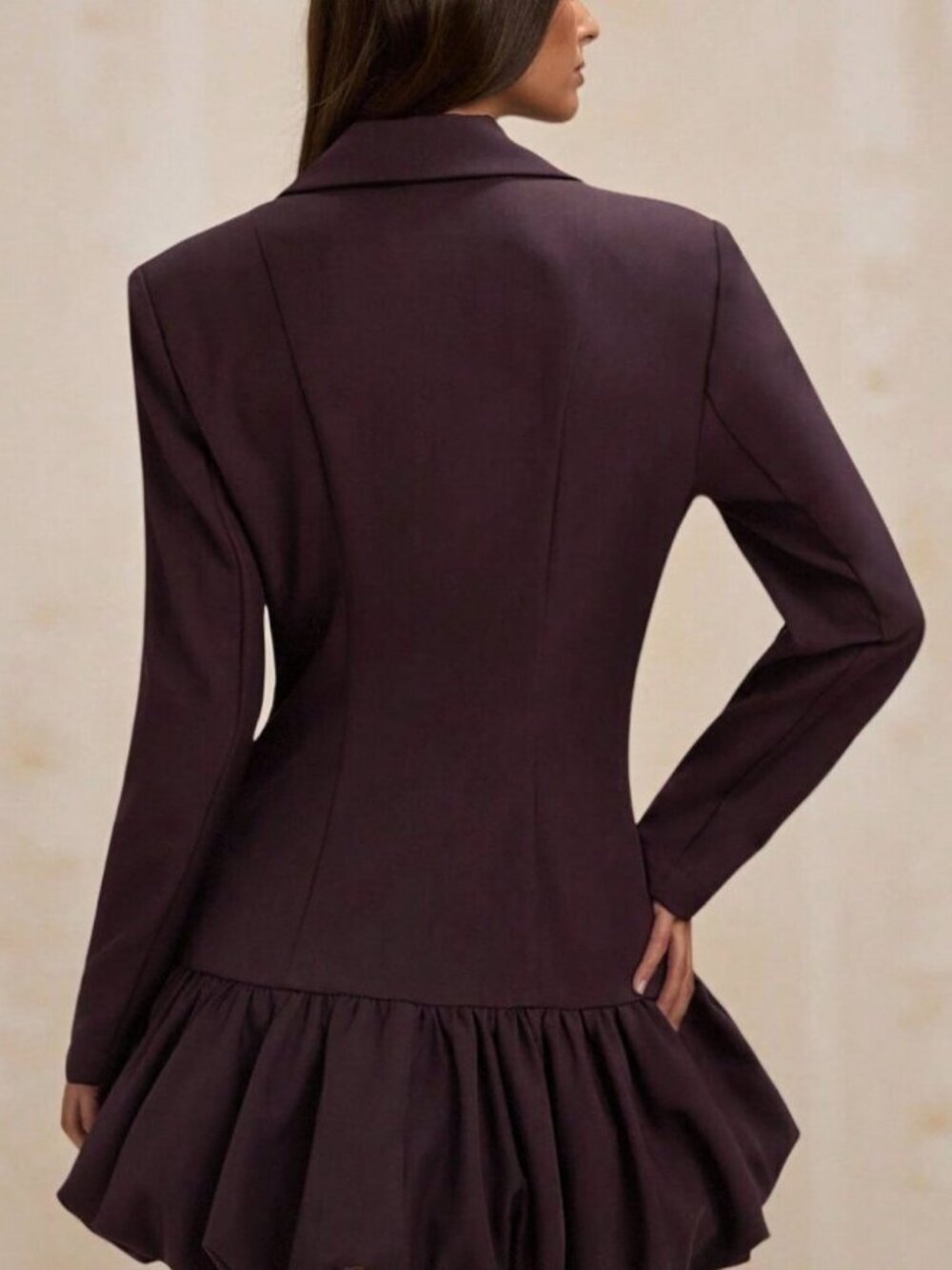 Coffee Brown Elegant Women's Long Sleeve Bubble Skirt Suit Dress - Picture 2 of 8